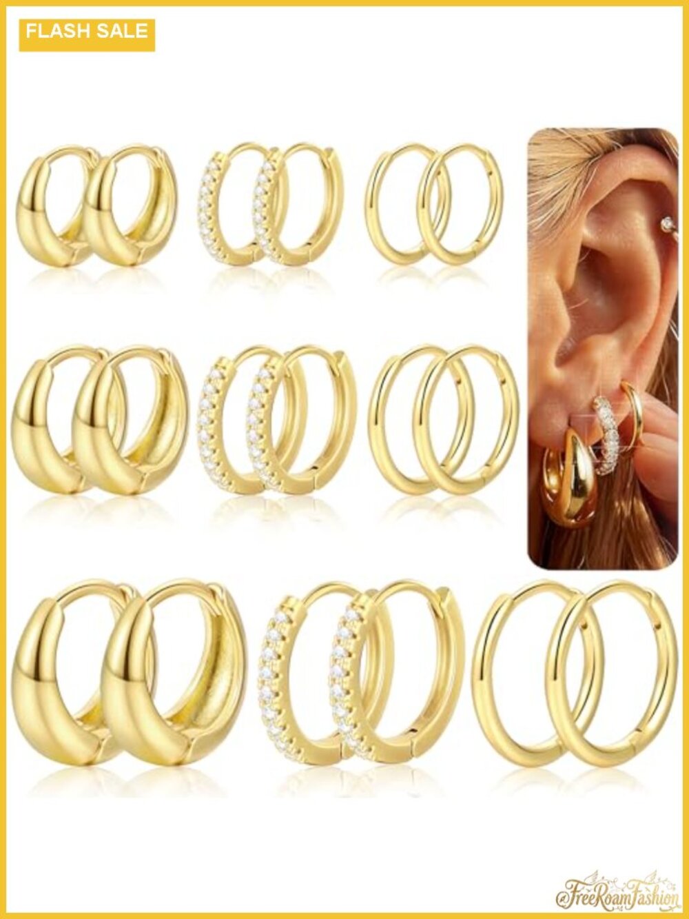 9 Pairs Gold Huggie Hoop Earrings for Women 14K Gold Plated Stackable Set